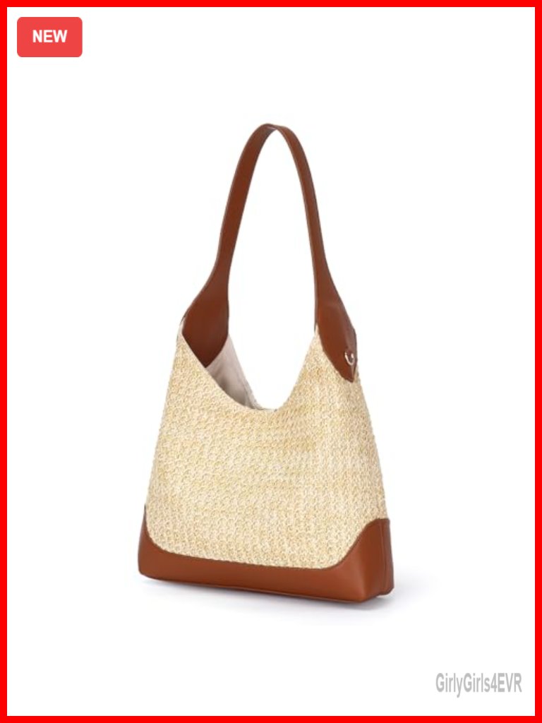 Natural Straw Handwoven Hobo Shoulder Bag Tote For Women, Vegan Faux Pu Leather